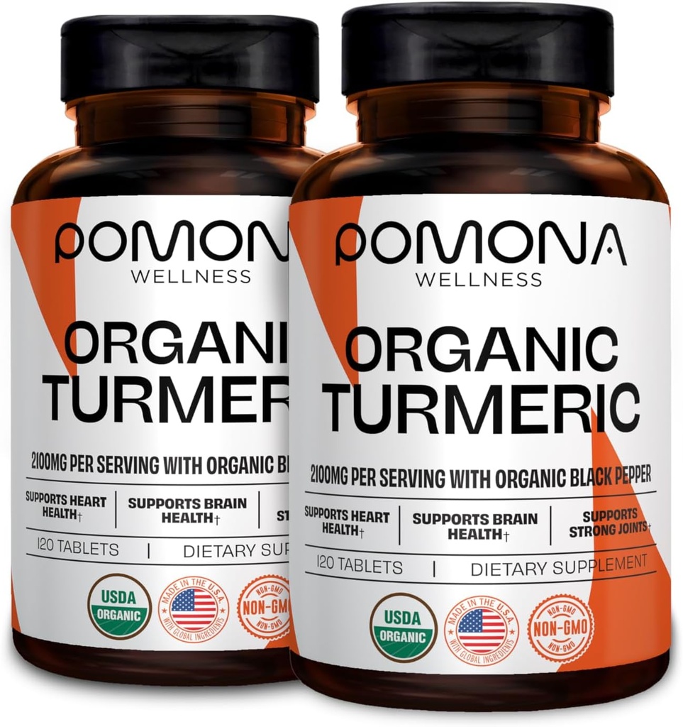 Pomona Wellness Biologische Kurkuma Supplement 2100 mg, USDA Biologische, Niet-GMO, Veganistisch, Kurkuma met zwarte peper voor absorptie, voor gezamenlijke ondersteuning en immuniteit, 240 tabletten (2 verpakkingen)