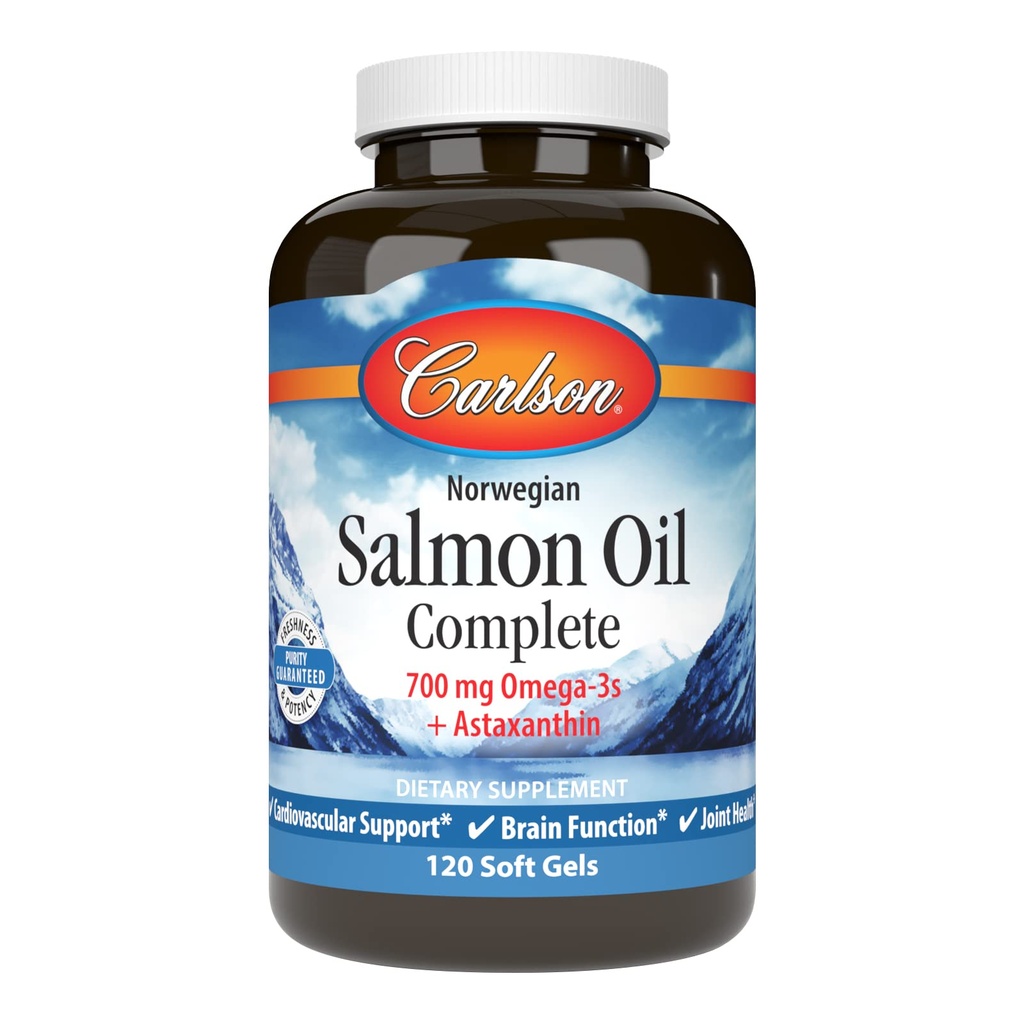 Carlson - Huile de saumon Complete, 700 mg Oméga-3s + Astaxanthine, Soutien cardiovasculaire, Fonction cérébrale et santé articulaire, 120 gels mous
