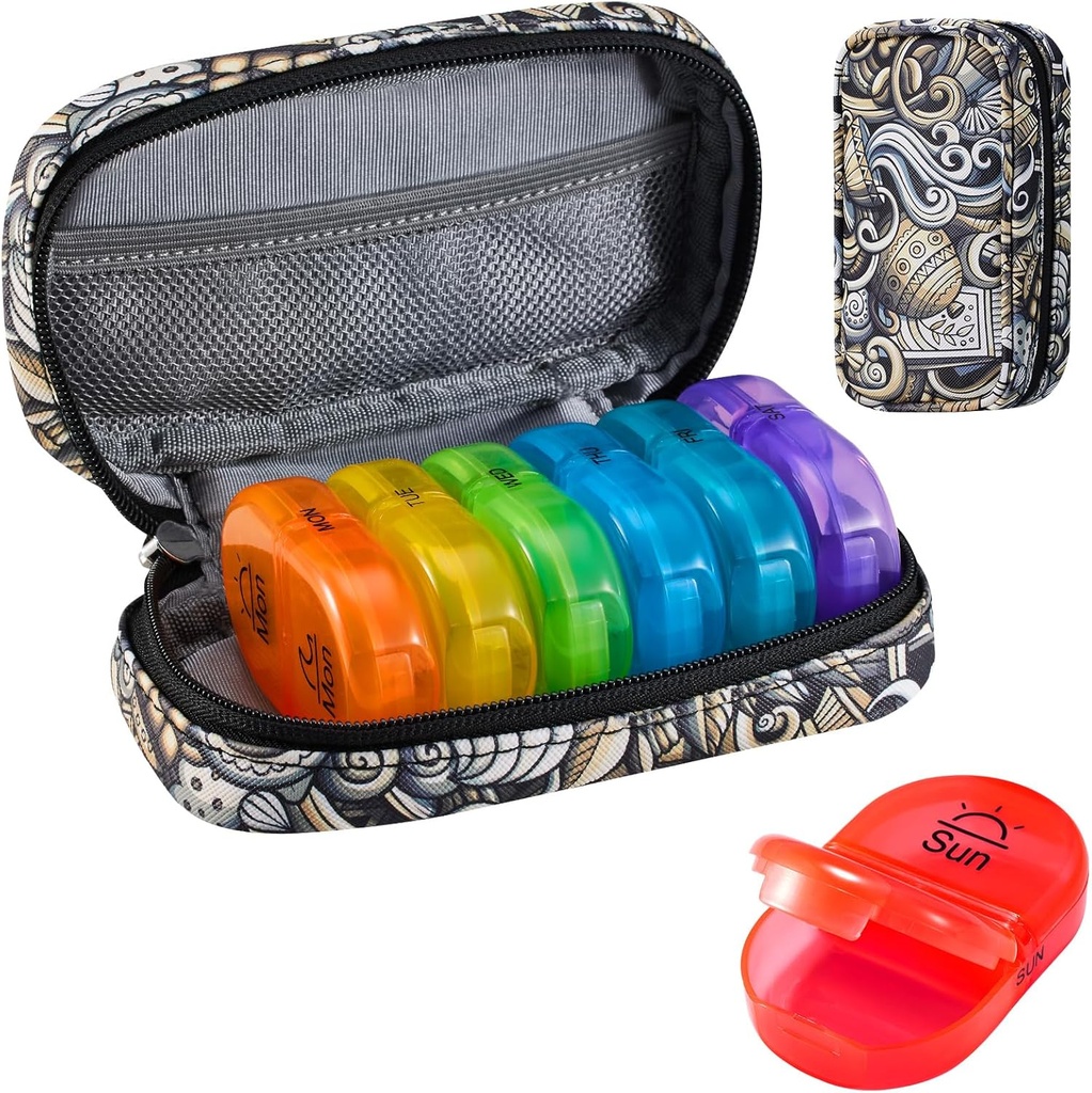Serfeymi Weekly Travel Pill Organizer 2 fois par jour AM PM Upgraded Rainbow Pill Box 7 Day with Portable Zipper Pill Case en cuir PU, Organisateur de médecine pour les pilules, les vitamines, les huiles de poisson - Brown 03