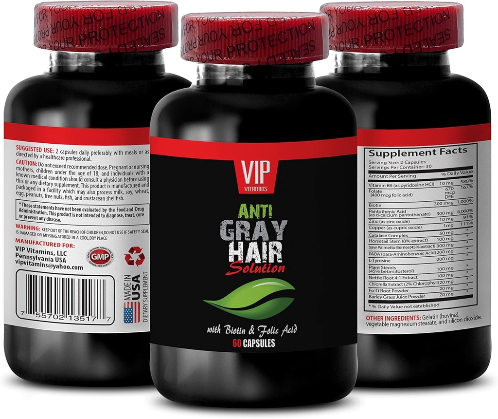Verjonging Schoonheid - Gray Hair Solution - met BIOTIN & FOLIC Acid - brandnetels Capsules, paba Supplement, Gray Hair Supplement, folaat Supplement voor vrouwen, Vitaminen voor grijze haar Reversal, 1B 60 Caps