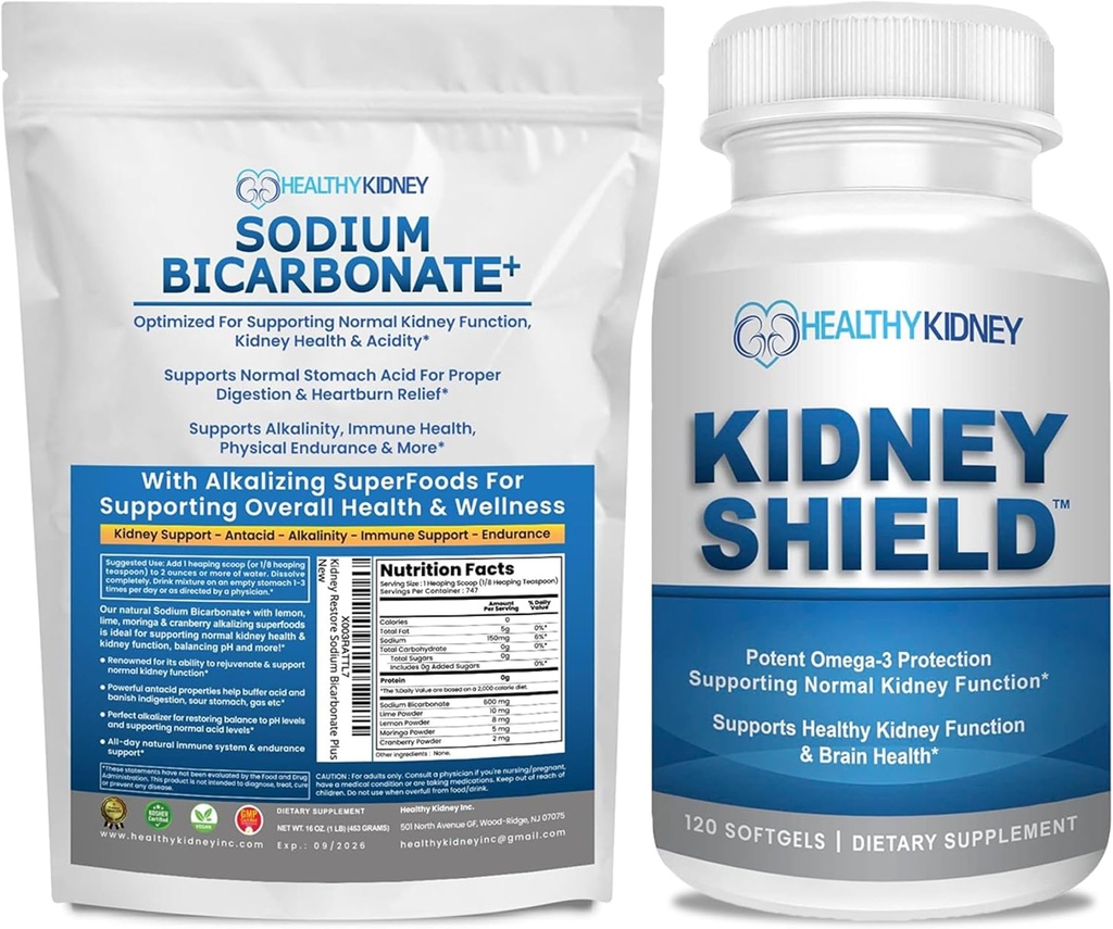 Supplément bio bicarbonate de sodium Alkaline: 1LB Poudre pour alcalinité, Neutralisant acide et soutien au rein + 120 capsules Bouclier rein pour la santé du rein, nettoyage et Omega 3