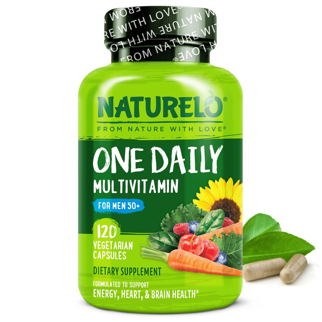 NATURELO Hommes Multivitamines pour les hommes 50+ - Une multivitamine quotidienne pour les hommes avec des vitamines, des minéraux et des aliments organiques entiers, stimuler l'énergie et la santé, non-OGM, 120 capsules végétariennes