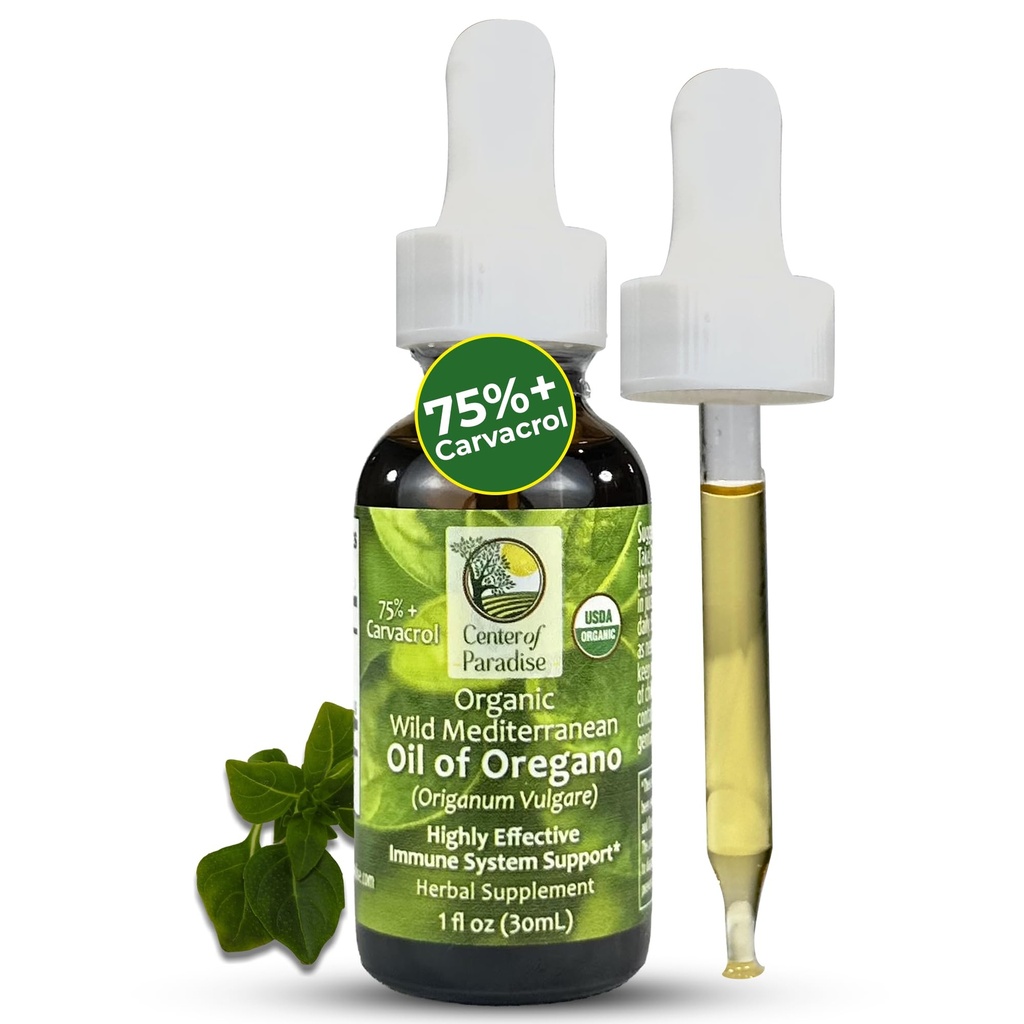Center of Paradise Wild Mediterranean Oil of Oregano with 75%+ Carvacrol (1 fl oz) Certified Oregano Oil Organic Drops in Extra Virgin Olive Oil for Immune* & Respiratory* Support, Ca.