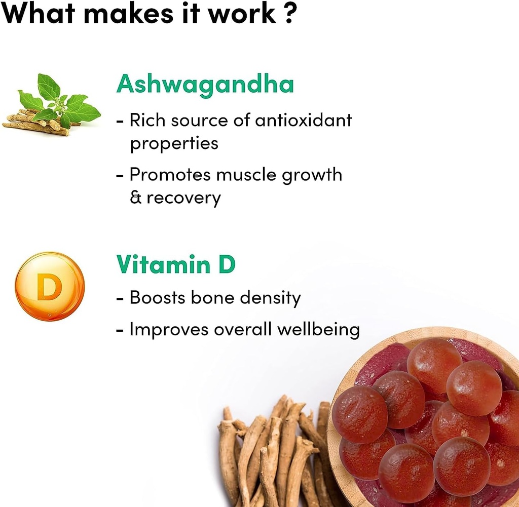Ashwagandha Vitamine D Gummies helpt bij het verbeteren van de kracht, energie en immuniteit, Vegan & Glutenvrij 60 Gummies