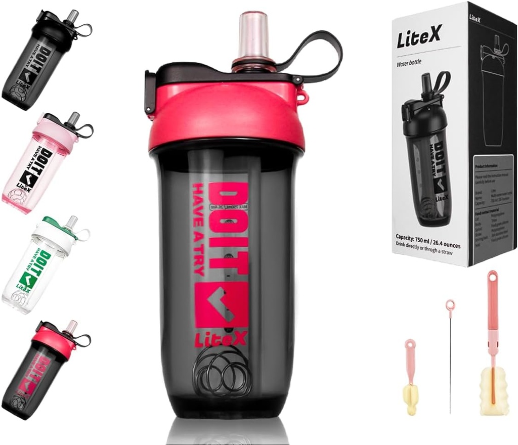 Litex Shaker flessen voor eiwitshakes, 26oz Blender Shaker fles voor pre-workout, Shaker Cups met stro, BPA-vrije Tritan Mixer flessen voor eiwitpoeder, met Cup Brush en instructies (Rose rood)