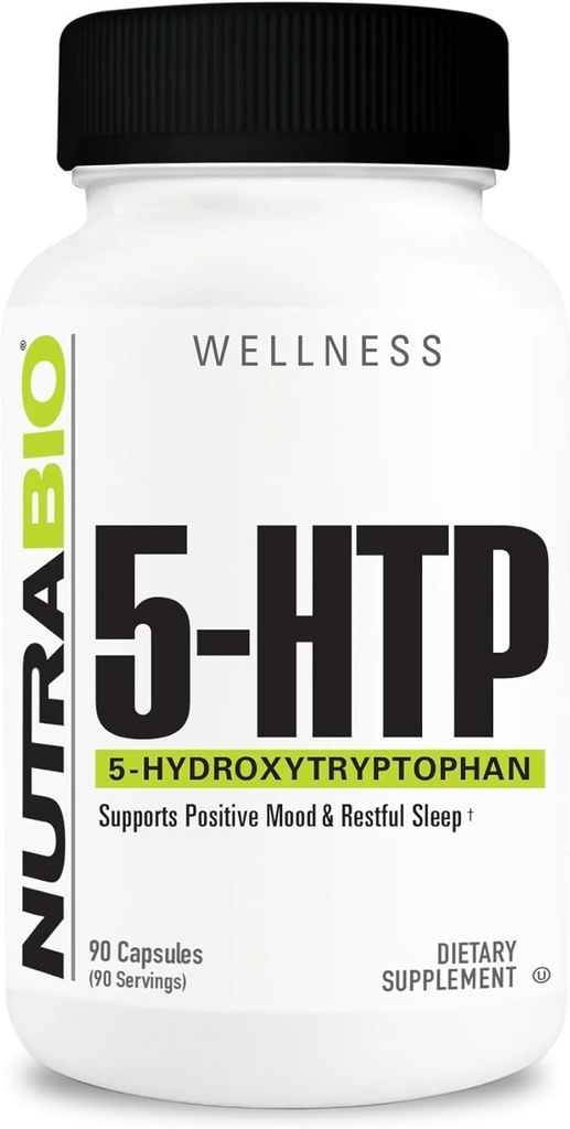 NutraBio 5-HTP Supplement, 200mg Capsules- Kan helpen bij het ondersteunen en bevorderen van gezondere en duurzame slaap, 90 plantaardige capsules