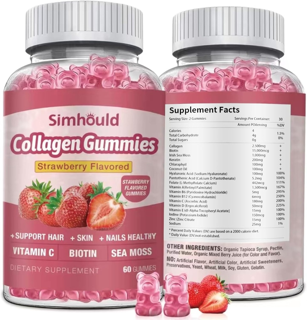 Gommies de collagène végétalienne pour les femmes anti-vieillissement, peau, ongles de cheveux, collagène types 1 et 3, biotine, mousse de mer pour les hommes - sans sucre, non-OGM, 60 comtes suppléments de collagène Gommies