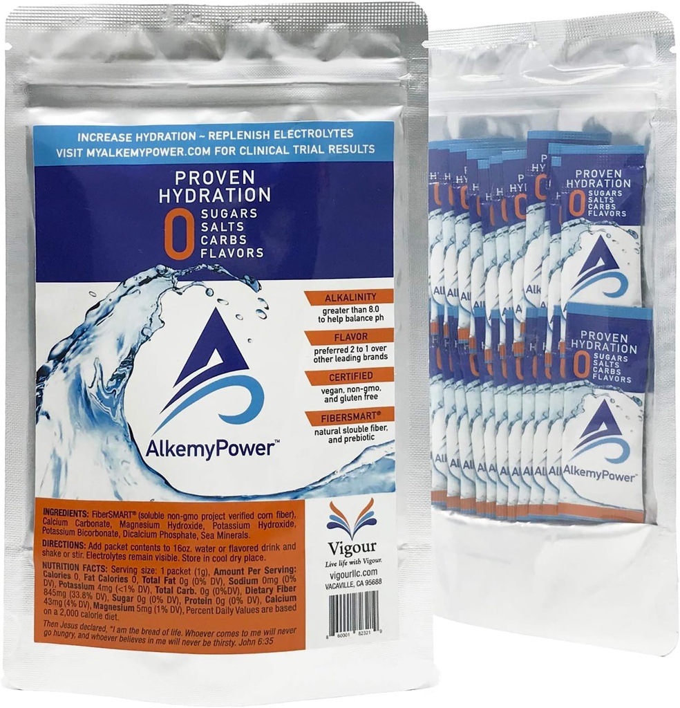 AlkemyPowerTM Hydration Electrolyte Powder, No Sugars, Salts, Carbs, Smaken of Calorieën, 100% Natuurlijke, Handige Stick Pack, 30 Tellen