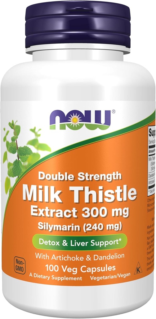 NOW Foods Supplementen, Silymarin Milk Thistle Extract 300 mg met Artichoke en Dandelion, dubbele sterkte, ondersteunt leverfunctie*, 100 Veg Capsules