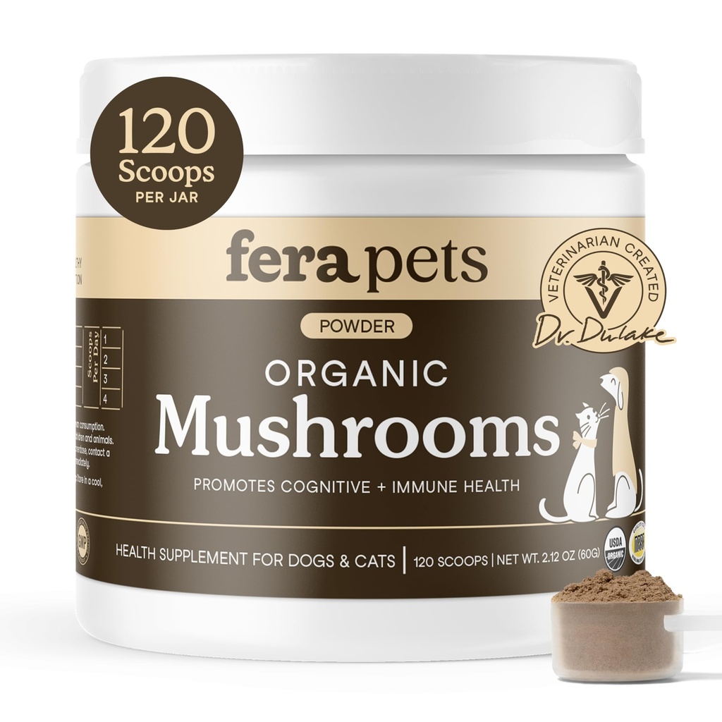 Fera Animaux de compagnie Champignon Supplément pour chiens et chats avec queue de dinde - USDA Organic - Soutien cognitif et immunitaire - Améliore la fonction du foie - Supporte un Gut sain - Poudre - 120 Scoops