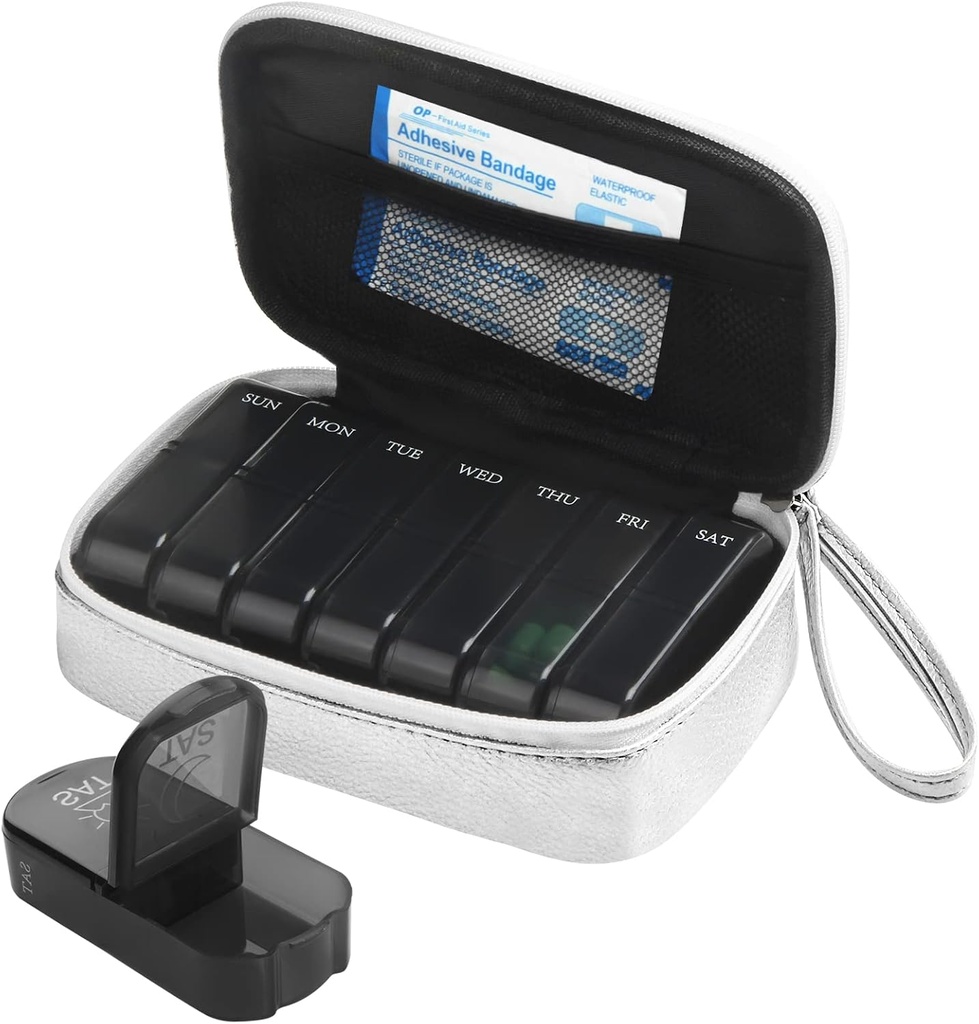 Pill organisateur hebdomadaire de sacs en cuir PU 2 fois par jour, AM PM Pill Box quotidien pour tenir la vitamine, huile de poisson, suppléments et médecine (Argent)