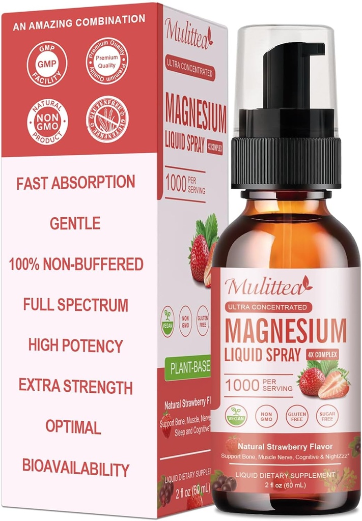 Magnesium Glycinate Liquid Spray met Citrate, Oxide & Malate, Magnesium met Hele Vitamine, L-Theanine, D3K2, B6 voor Hart, Been krampen, Muscles&Energy- Suikervrije aardbeien smaak, 2 Fl Oz