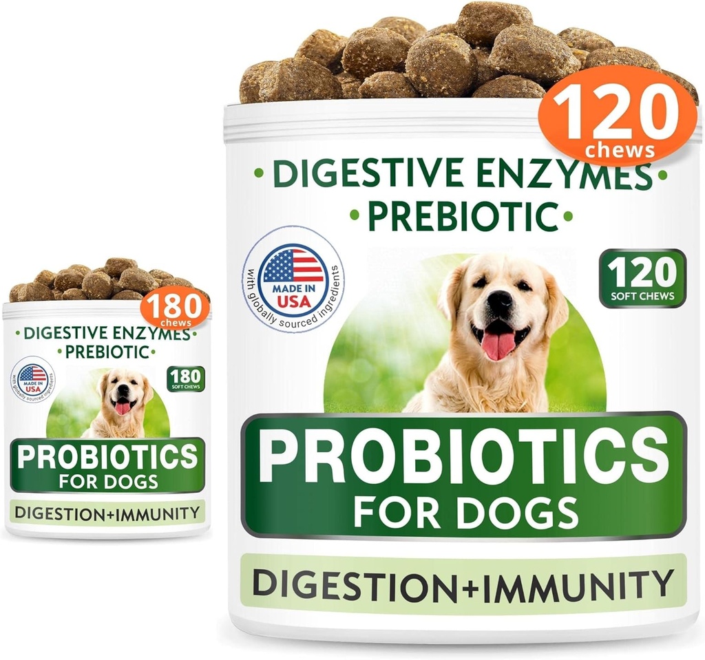 Probiotiques pour chiens Ensemble de chips - Gaz, Diarrhée, Allergie, Constipation, Relief de l'estomac relevé, avec enzymes digestives + Prébiotiques - Supplément de fibre à chips - Améliorer la digestion, l'immunité - 300 Chews doux