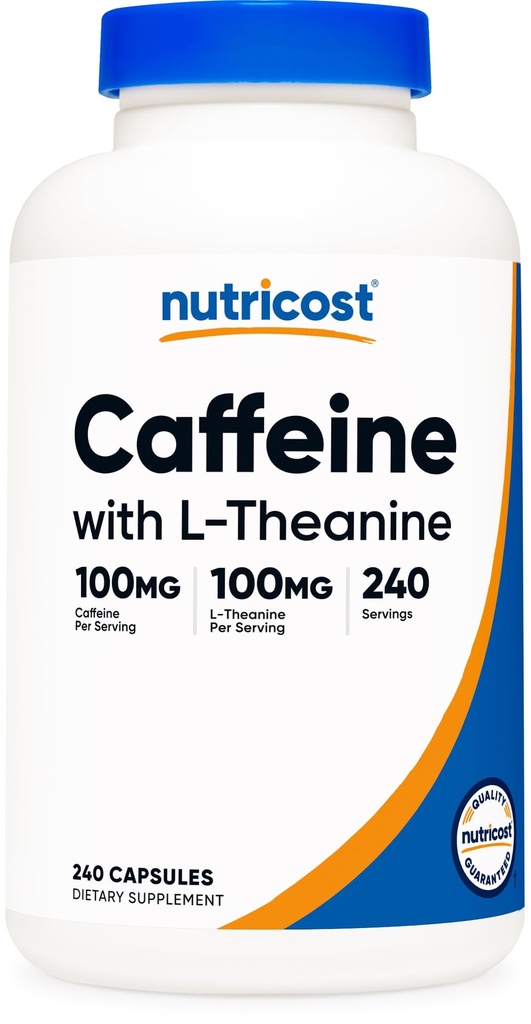 Caféine Nutricost avec L-Theanine, 100mg de chacune, 240 Capsules, 240 portions - Sans OGM et sans gluten