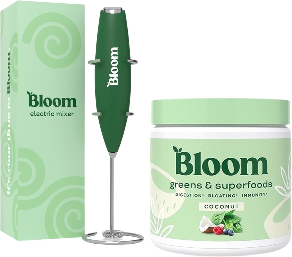 Bloom Nutrition Superfood Greens Powder, Digestieve Enzymen met Probiotica en Prebiotica, Gut Health, Bloating Relief, Coconut + Melk Frother High Powered Hand Mixer