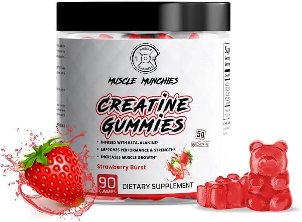 Muscle Munchies Create Chewable Gummies for Men & Women-Infused with Beta Alanine-5g of Create Per Serving-Increases Strength, Endurance, & Recovery-Vegan, NonGMO (Strawberry Burst)
