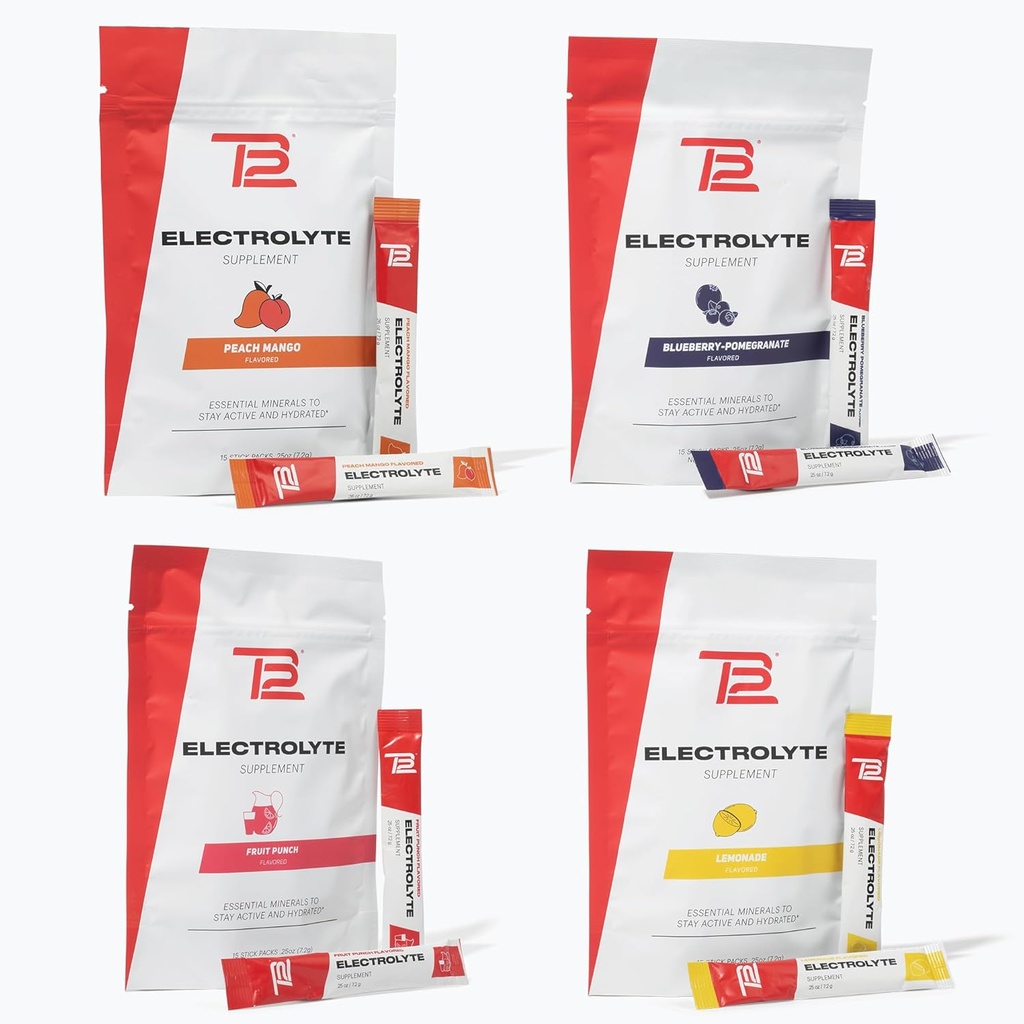 TB12 Poudre d'électrolyte pour une hydratation rapide par Tom Brady, 4 paquets de bâtonnets (Lémonade, grenade aux bleuets, punch aux fruits et mangue aux pêches), naturel, facile à mélanger.