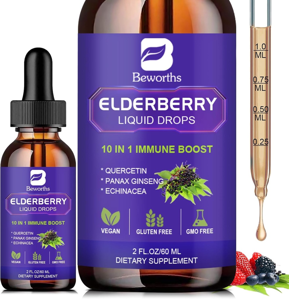 Vlierbessen Siroop Zwarte vlierbessendruppels met quercetine, Panax Ginseng, Vitamine C en Zink, Sambucus Vlierbessen Siroop Vloeistof, Veganistisch, Non-GMO & Glutenvrij