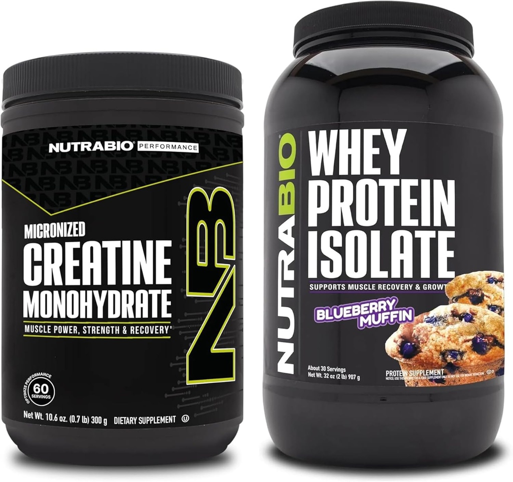 NutraBio Creatine Monohydraat, Unflavored, 300g en Wei Proteïne Isolaat, Blueberry Muffin, Supplement Bundle - Spierenergie, Lean Spiergroei, Herstel, en sterkte