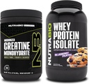 NutraBio Creatine Monohydraat, Unflavored, 300g en Wei Proteïne Isolaat, Blueberry Muffin, Supplement Bundle - Spierenergie, Lean Spiergroei, Herstel, en sterkte