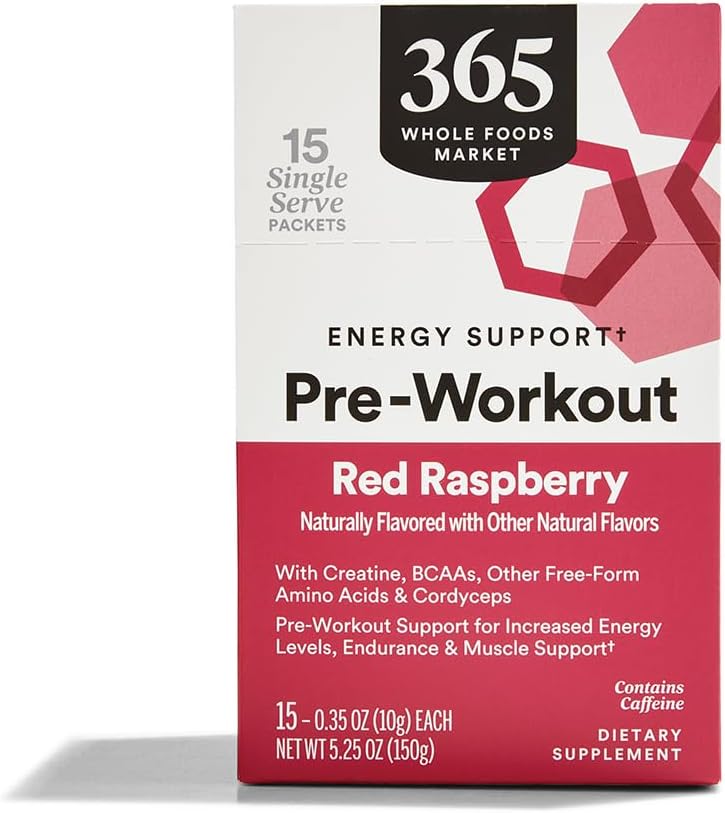 365 door Whole Foods Market, Pre-Workout Energie Ondersteuning met Cafeïne, Single-Serve Packets, Red Raspberry, 15 Tellen