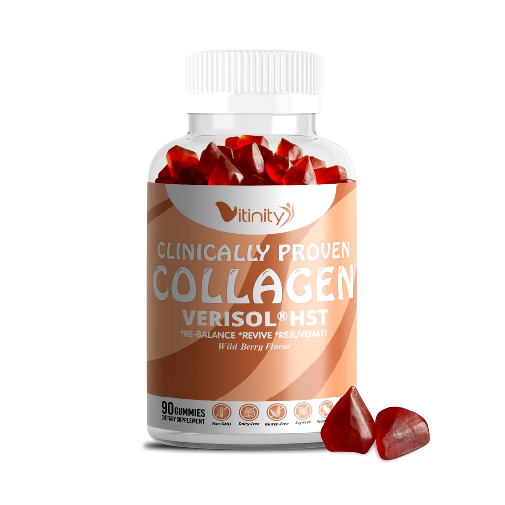 VITINITY VERISOL® HST+HA+VIT C Collagen Hard Chewy Gummies Beauté prouvée cliniquement. Firmer,Smoother Skin,Fewer Wrinkles,Cellulite réduite. La vraie beauté de l'intérieur. L'aspect-bon sentiment-bon - 30 jours d'approvisionnement