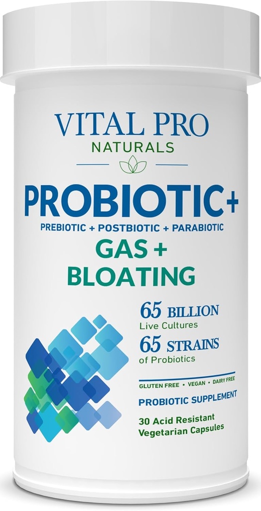Vital Pro Naturals - Gas & Bloating Probiotica + Prebiotica, Postbiotica, Parabiotica, 4-in-1 Gezondheidssupplement voor volwassenen, Hoge Potentie, 65 Strains, Eenmaal Dagelijkse Digestieve en Immune Ondersteuning, 30 ct