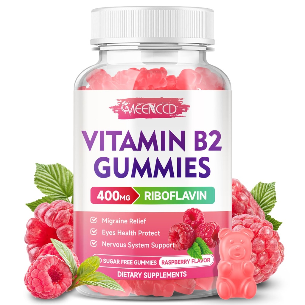 Vitamine B2 Gummies Riboflavin 400mg Supplement met Magnesium voor kinderen & volwassenen, B2 Gummies voor Migraine Relief & Zenuwstelsel Ondersteuning, Veganistisch, Suikervrij, Raspberry Flavor, 60 Tellen
