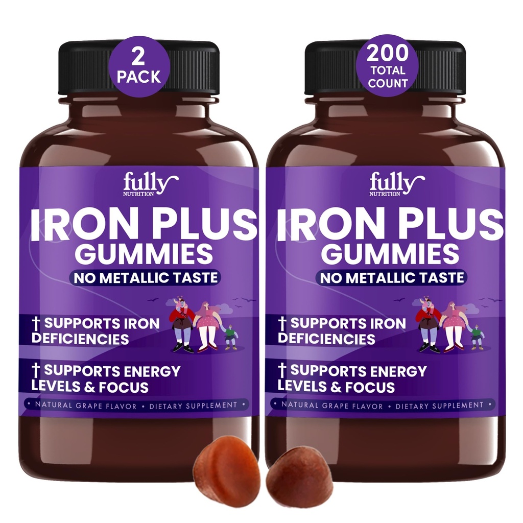 IJzeren Gummies Supplementen voor Volwassenen (Vrouwen, Mannen) en Kinderen Grape Flavor- Ondersteunt bloedarmoede, energie en focus niveaus 