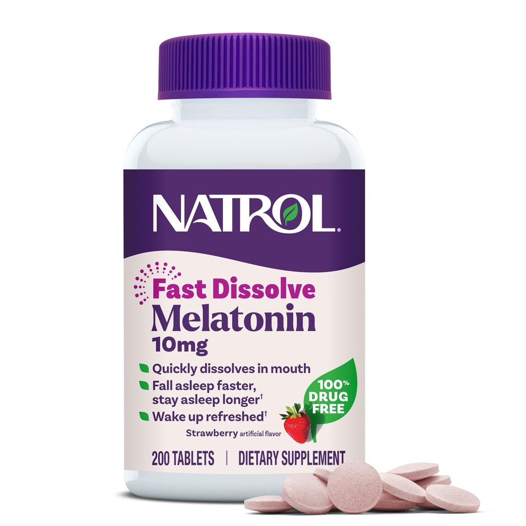 Natrol Melatonine 10mg Fast Solution Tablets - Aardbei Smaak, 200 Tel, Slaap Ondersteuning, Fast Solution Melatonine voor Volwassenen, 200-Day Supply