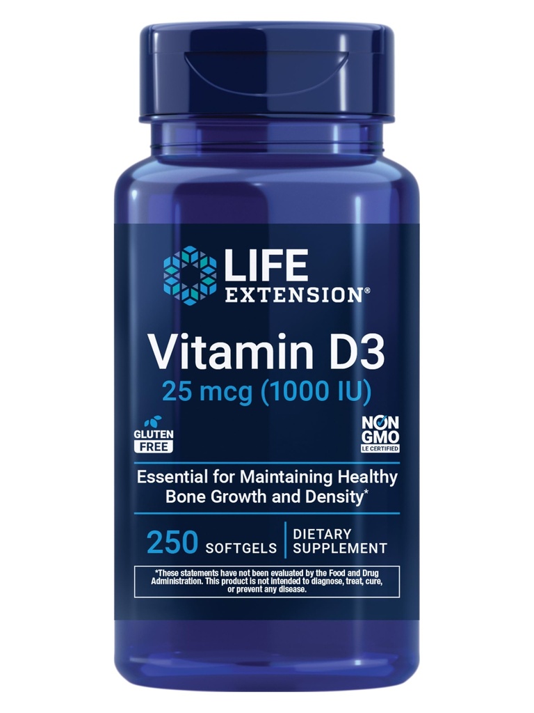 Levensverlenging Vitamine D3 25 mcg (1000 IE), Immuunsysteemondersteuning, Botgezondheid, Geheel-Body Gezondheid, Waardegrootte, Glutenvrij, Non-GMO, 250 softgels