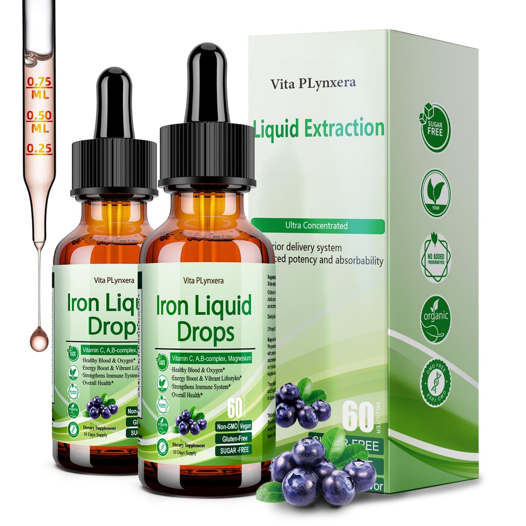 2 Pack de supplément en fer liquide pour femmes hommes et enfants, gouttes de fer végétalien avec vitamine C D, B12, complexe B, liquide à haute puissance avec multivitamine pour l'anémie, soutien énergétique, Magnésium Iron Gentle
