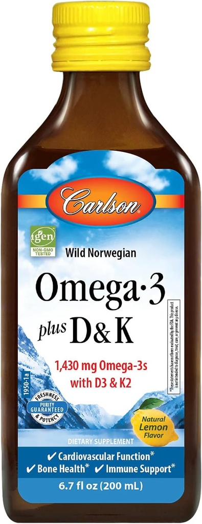 Carlson - Omega-3 + D & K, 1430 mg omega-3s, 2000 IE (50 mcg) D3, 90 mcg K2 als MK-7, Heart Health, Bone Support, Lemon, 200 ml