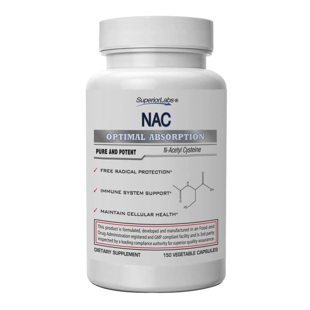 Superior Labs NAC (N-Acetyl Cysteine) 1.200mg, 150 plantaardige capsules, Dieetsupplement met Selenium, Vrije Radicale Bescherming, Normale Immuun Systeem Functie, Onderhoudt Cellulaire Gezondheid