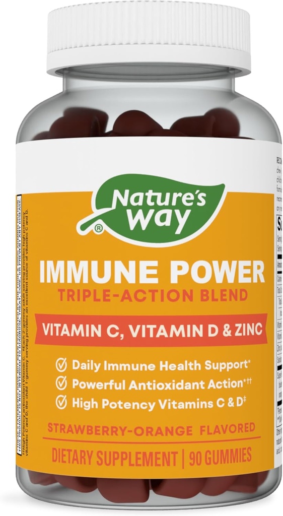 Nature's Way Immune Power, Triple Action Immune Support Blend*, Vitamines C en D, Zink, Aardbei-Orange Smaak, 90 Gummies