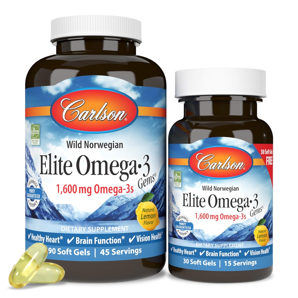 Carlson - Elite Omega-3 Gems,1600 mg Omega-3 vetzuren Inclusief EPA en DHA,Norwegian, Wild-Caught visolie Supplement,Duurzaam Bron Capsules, Citroen, 90+30 Softgels