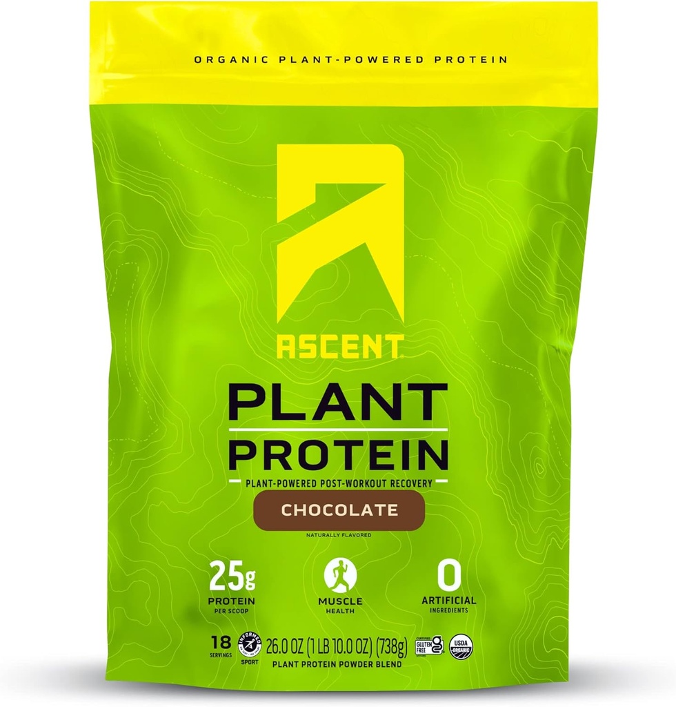 Ascent Plant Based Protein Powder - Non Dairy Vegan Protein, Zero Artificial Ingredients, Soy & Gluten Free, No Added Sugar, 4g BCAA, 2g Leucine - Chocolate, 18 Servers