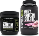 NutraBio Créatine monohydratée, non aromatisée, Isolée de protéines de 150g et de lactosérum, Crème glacée à la fraise, Ensemble supplémentaire - Énergie musculaire, croissance musculaire maigre, récupération et force