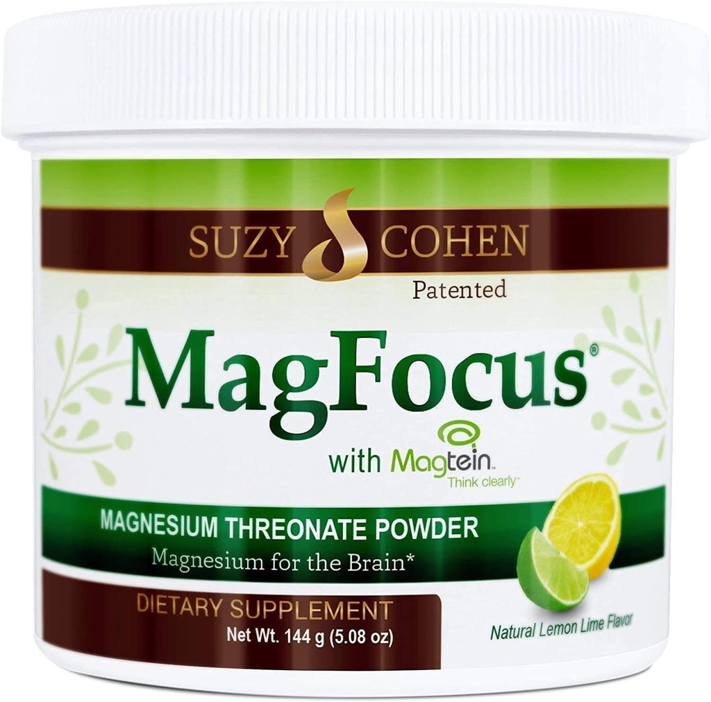 Suzy Cohen MagFocus Magnesium Threonate Powder Dietary Supplement 200mg, Gezond Zenuw, Ondersteuning Cognition, Energie, Bone Health, Stevia, Lemon Flavor, 60 Servers
