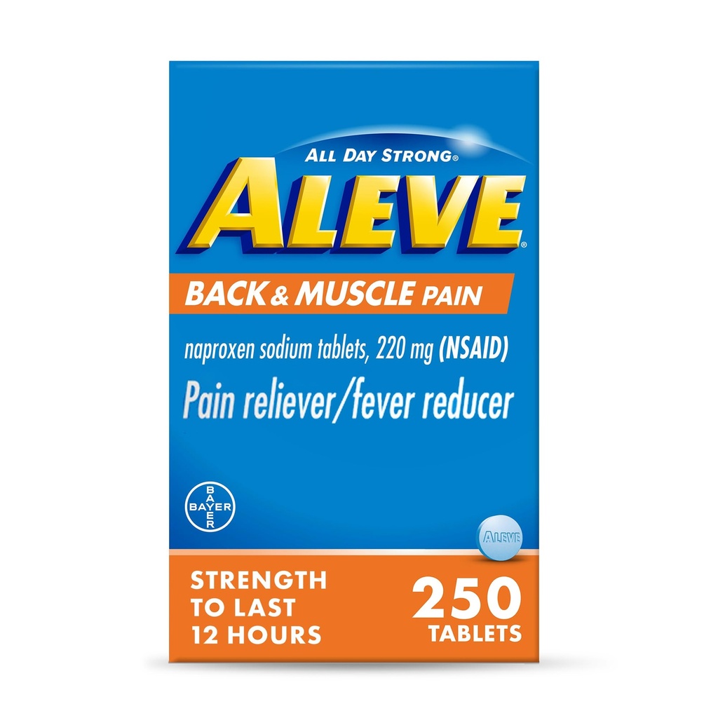 Aleve Back & Muscle Pain Relief Naproxen comprimés de sodium, analgésique et réducteur de fièvre, médicament pour le corps , 250 Compte