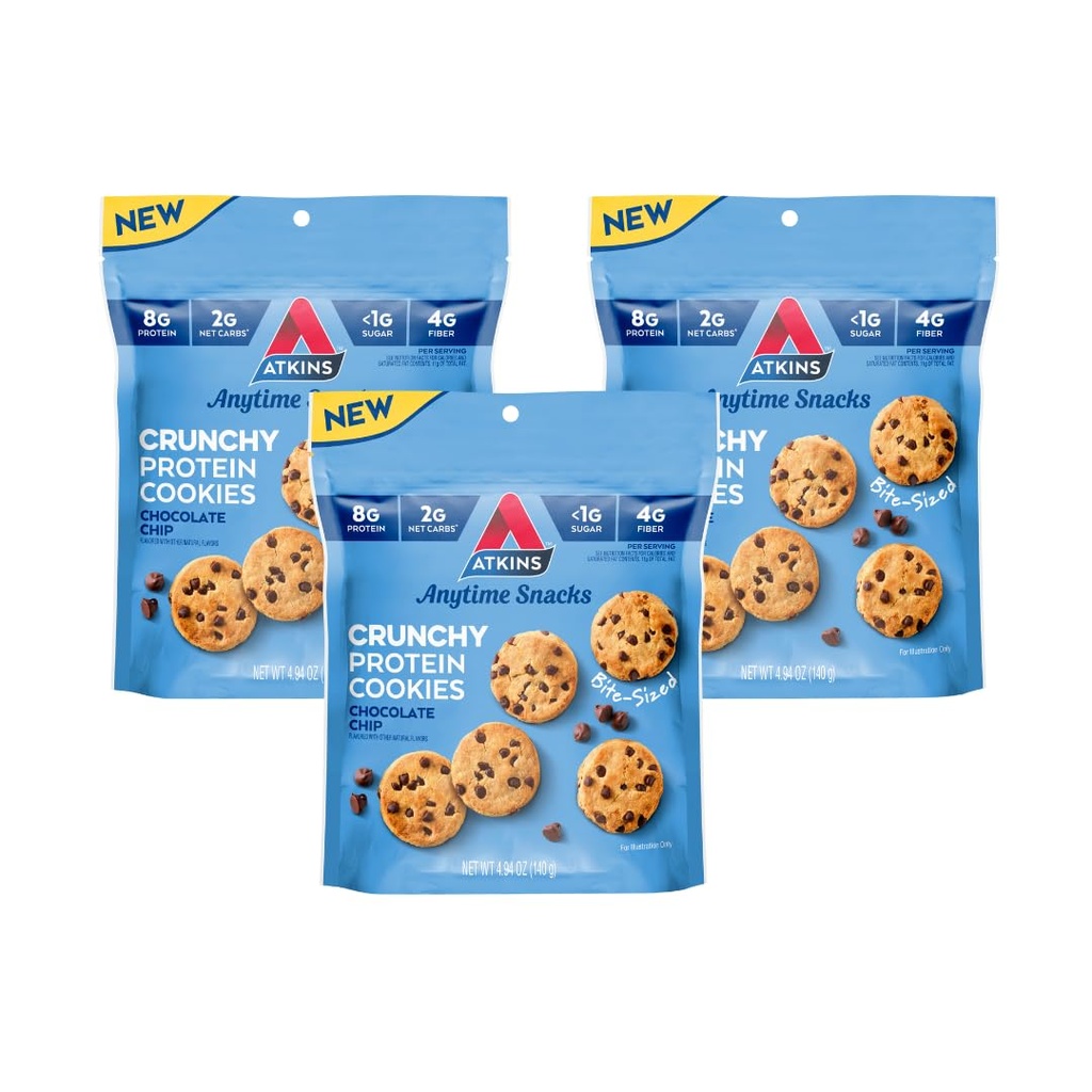 Atkins Bite-Sized Crunchy Proteine Cookies, Chocolate Chip, 8g Proteine, 4g Fiber, 1g Net Carb, 1g Sugar, Keto Friendly, 3 Bags (5 Serves per Bag)