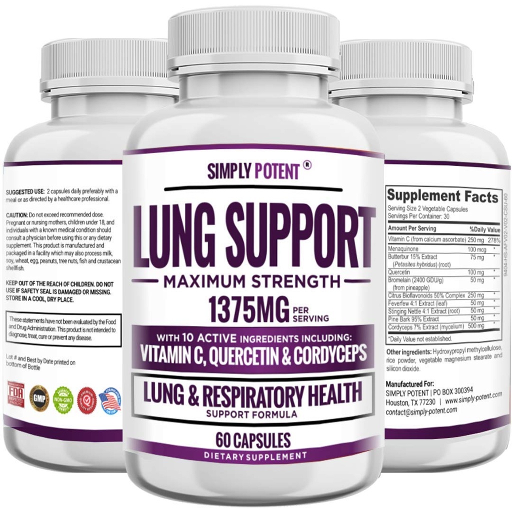 Supplément de soutien pulmonaire pour le nettoyage pulmonaire et la désintoxication, formule complète - Quercetin avec la vitamine C Bromelain Nettle K2 et 500 mg Cordyceps pour la santé pulmonaire, le soutien respiratoire et Bronchial, 60 capsules