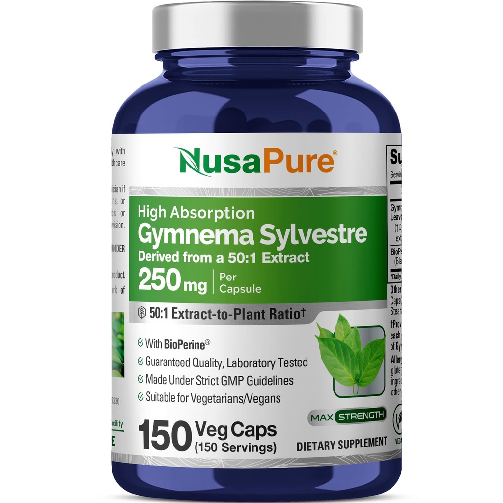 NusaPure Gymnema Sylvestre 50:1 Extract, 250 mg Equivalent aan 12.500mg Per Vegan Caps - 150 Tellen (Non-GMO, Vegan, Bioperine)