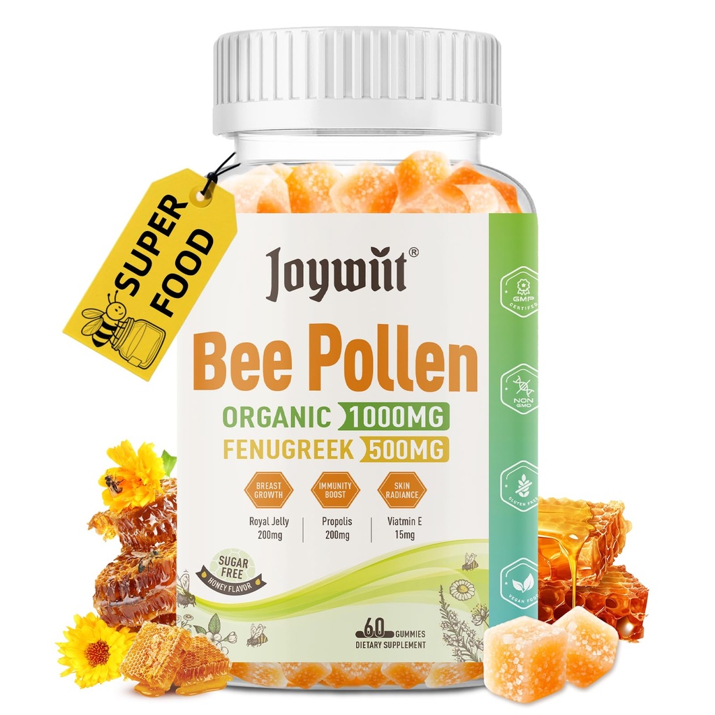 Bee Pollen 1000mg Sugar Free Gummies, w/Fenugriek, Royal Jelly, Propolis, Organic Bee Pollen Kauwbare Supplement voor vrouwen, rijk aan vitamine E, Immunity & Skin Care, 60 Counts