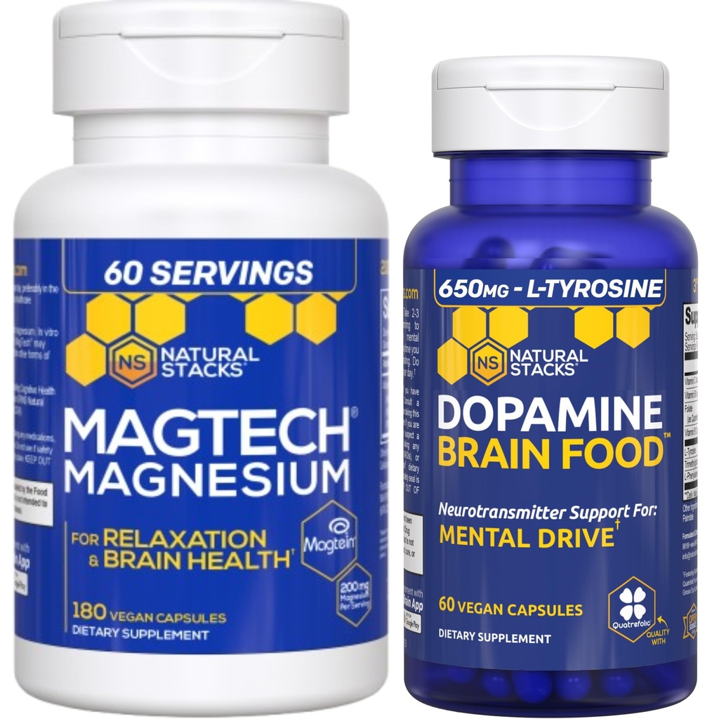 NATUURLIJKE STAKKEN Dopamine Hersenvoeding + Magtech Magnesium Supplement bundel - Ondersteunt Focus, Ontspanning & Geheugen* - 240 Totaal Capsules