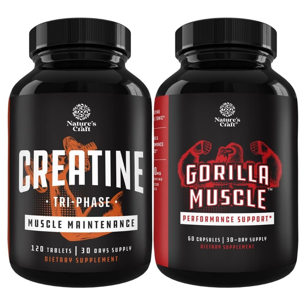 Bundel van Tri Fase Creatine Pillen 5g en extra kracht test Booster voor mannen - spiermassa Gainer en spierherstel Create HCL Pyruvate - Natural Energy Supplement met geile geit onkruid