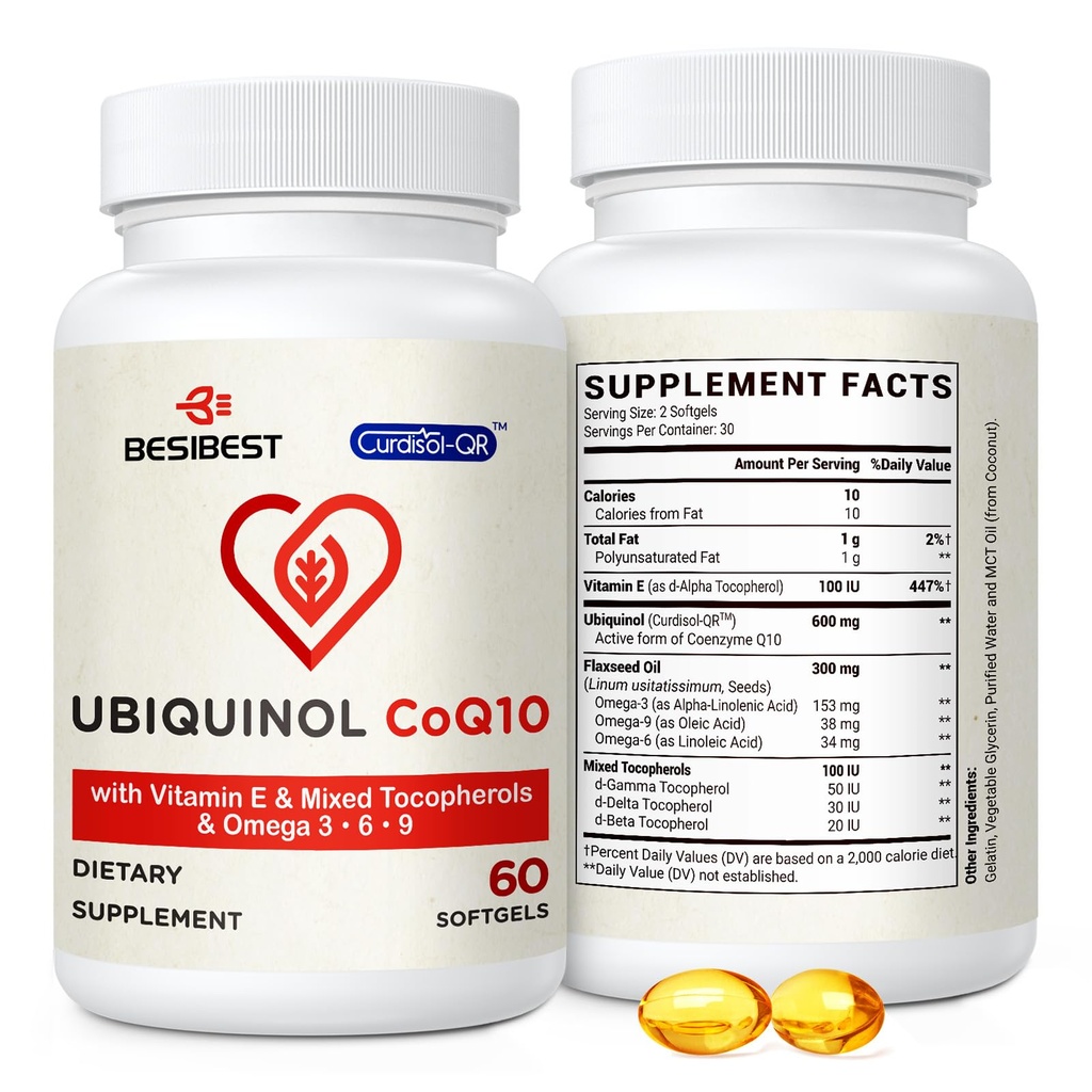 Besibest Ubichinol CoQ10-600mg-Softgel, Active Coq10 Ubichinol Supplement met Vitamine E & Omega 3, 6, 9, Hoge Absorptie-Co-enzym-Q10, Krachtige Antioxidant voor Energieproductie, Getest, 60 Tel.