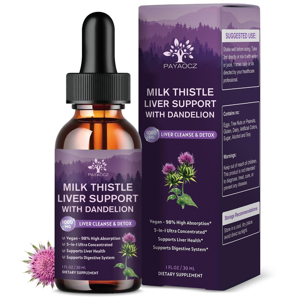 (2 Pack) Lait Thistle Liquid Drops Silymarin 1000mg, Supplément hépatique Détox & Nettoyez avec Dandelion & Artichaut, Extrait biologique de chardon de lait pour la réparation du foie, végétalien, non-OGM, 1 Fl Oz
