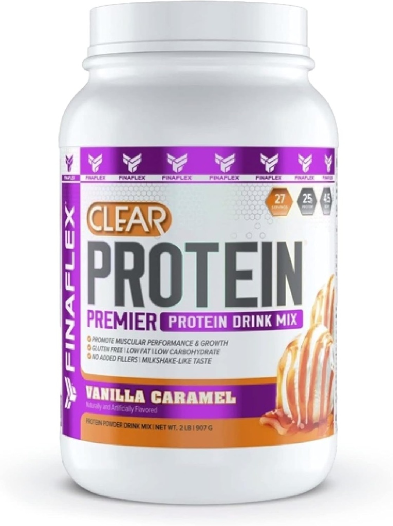 FINAFLEX Clear Protein, Vanille Caramel - 2 lb - Bevordert spierprestaties en groei - Milkshake-like Taste - Low Carb, Low Fat & Gluten Free - 27 porties
