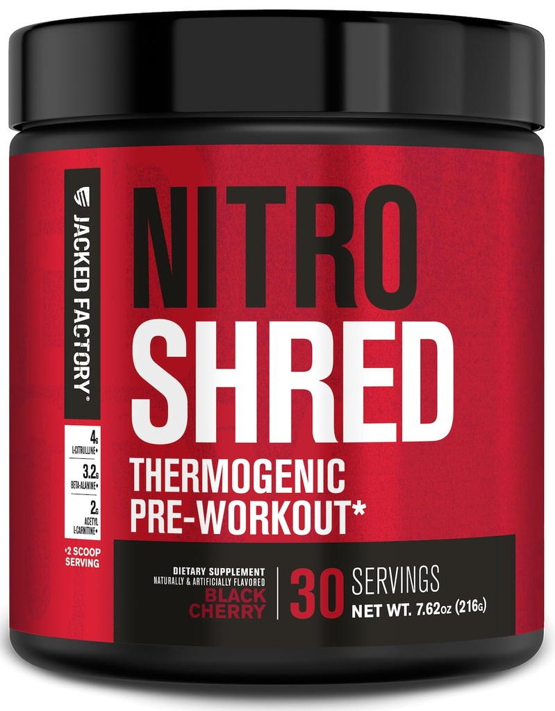 Ge Jacked Factory NITROSURGE Shred Pre Workout Supplement - Energie Booster, Instant Strength Gains, Sharp Focus, Krachtige pompen - Nitric Oxide Booster & PreWorkout Powder - 30Sv, Black Cherry